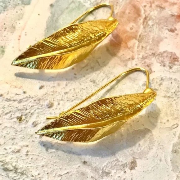 Golden Metal Leaf Statement Earrings - Picture 6 of 6